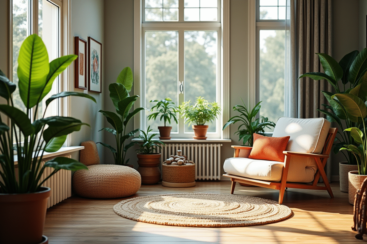 Coin lecture cosy dans un salon moderne avec plantes et coussins