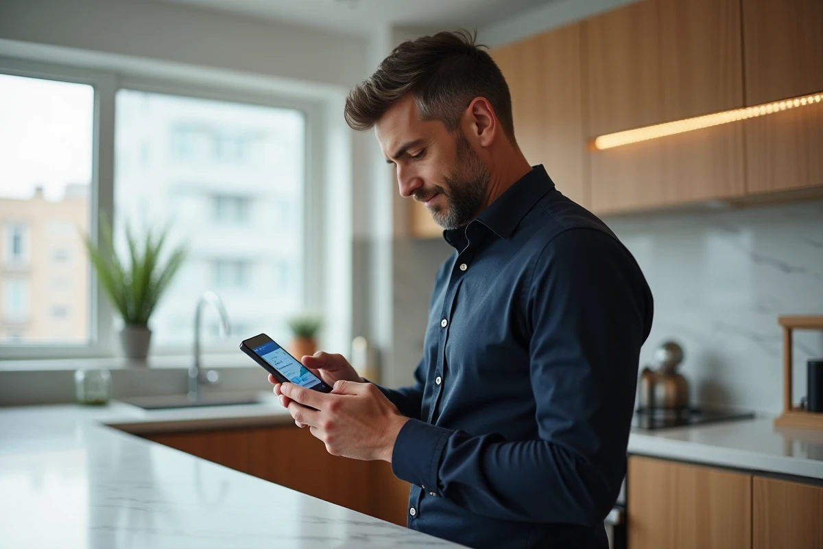 Homme consultant la confirmation de paiement sécurisé en ligne sur son smartphone dans une cuisine moderne