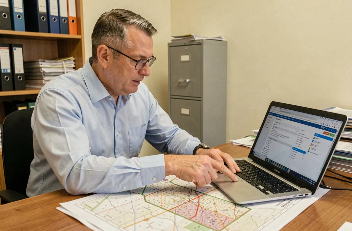 Un homme consultant des plans cadastraux papier et un ordinateur pour identifier le propriétaire d'une parcelle dans un bureau municipal