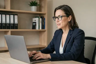 Femme consultante en ligne avec un notaire lors d'une visioconférence depuis son bureau à domicile