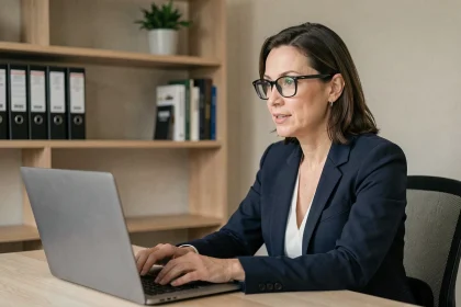 Femme consultante en ligne avec un notaire lors d'une visioconférence depuis son bureau à domicile