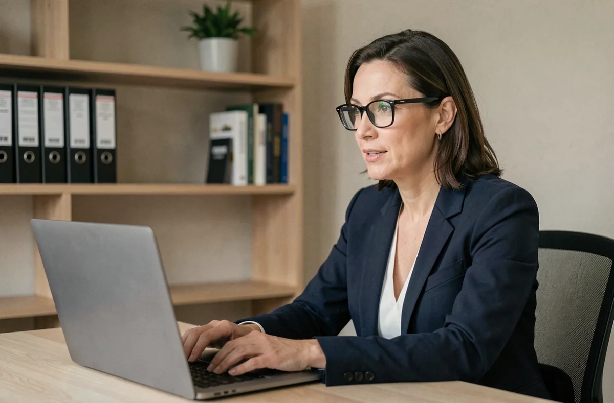 Femme consultante en ligne avec un notaire lors d'une visioconférence depuis son bureau à domicile