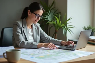 Femme consultant un plan cadastral et un site de registre foncier sur ordinateur pour identifier le propriétaire d'une parcelle