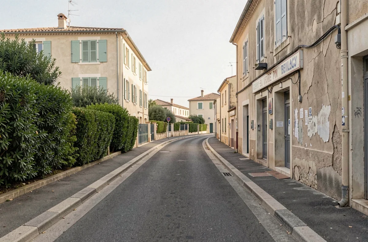 Contraste entre quartier résidentiel soigné et zone commerciale dégradée à Fréjus, illustration pour guide d'achat immobilier