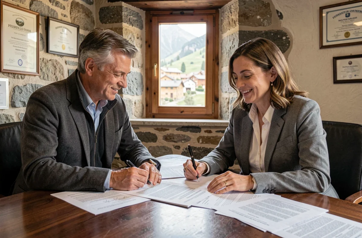 Couple examinant un contrat immobilier chez un notaire en Andorre avec décor traditionnel en pierre