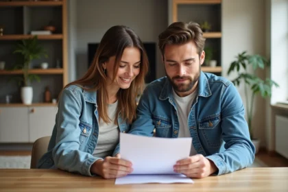 Couple dans leur salon examinant des documents immobiliers
