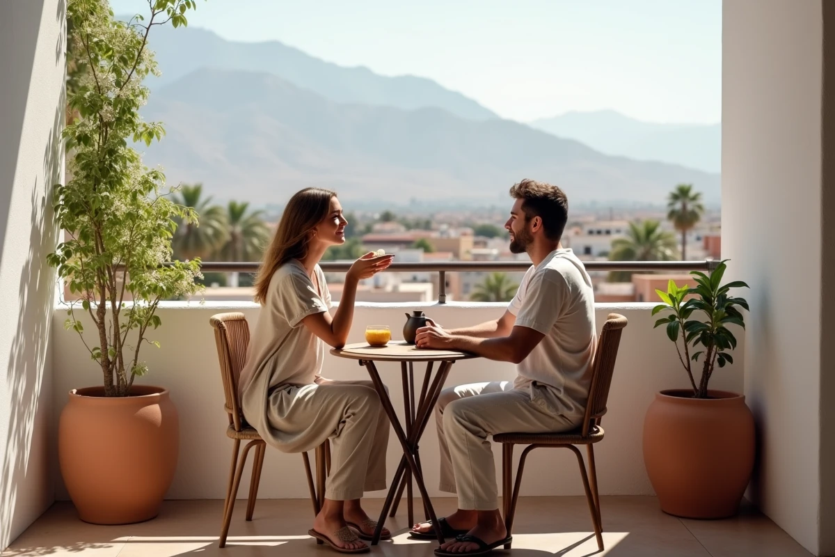 Couple profitant de la vue sur l'Atlas depuis le balcon d'un appartement contemporain à vendre à Marrakech, autour d'un thé à la menthe
