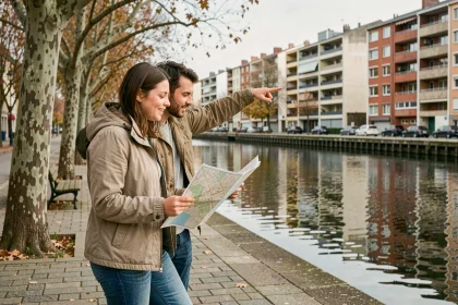 Couple consultant une carte des quartiers de Nantes au bord de la Loire pour choisir où s'installer en 2026