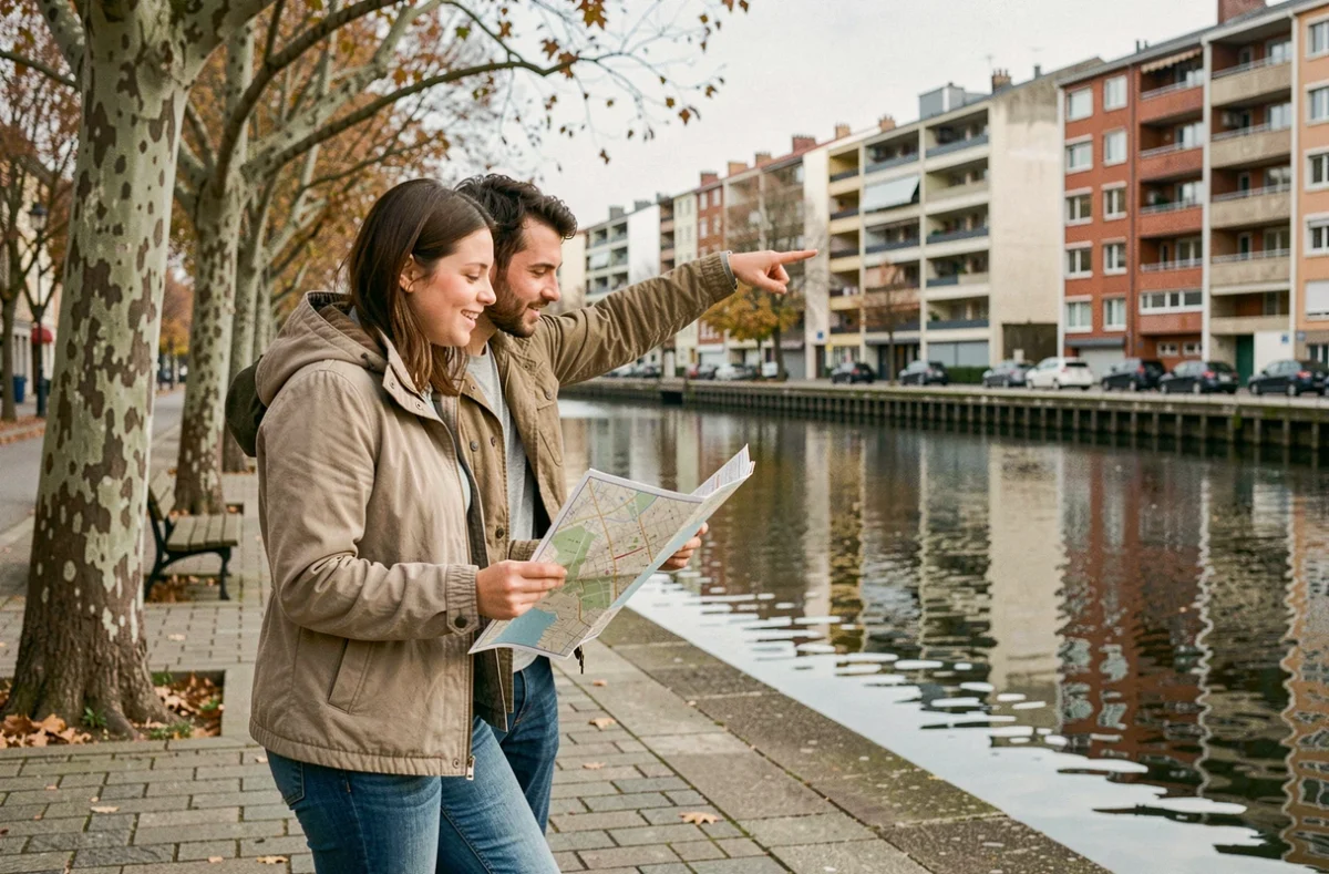 Couple consultant une carte des quartiers de Nantes au bord de la Loire pour choisir où s'installer en 2026