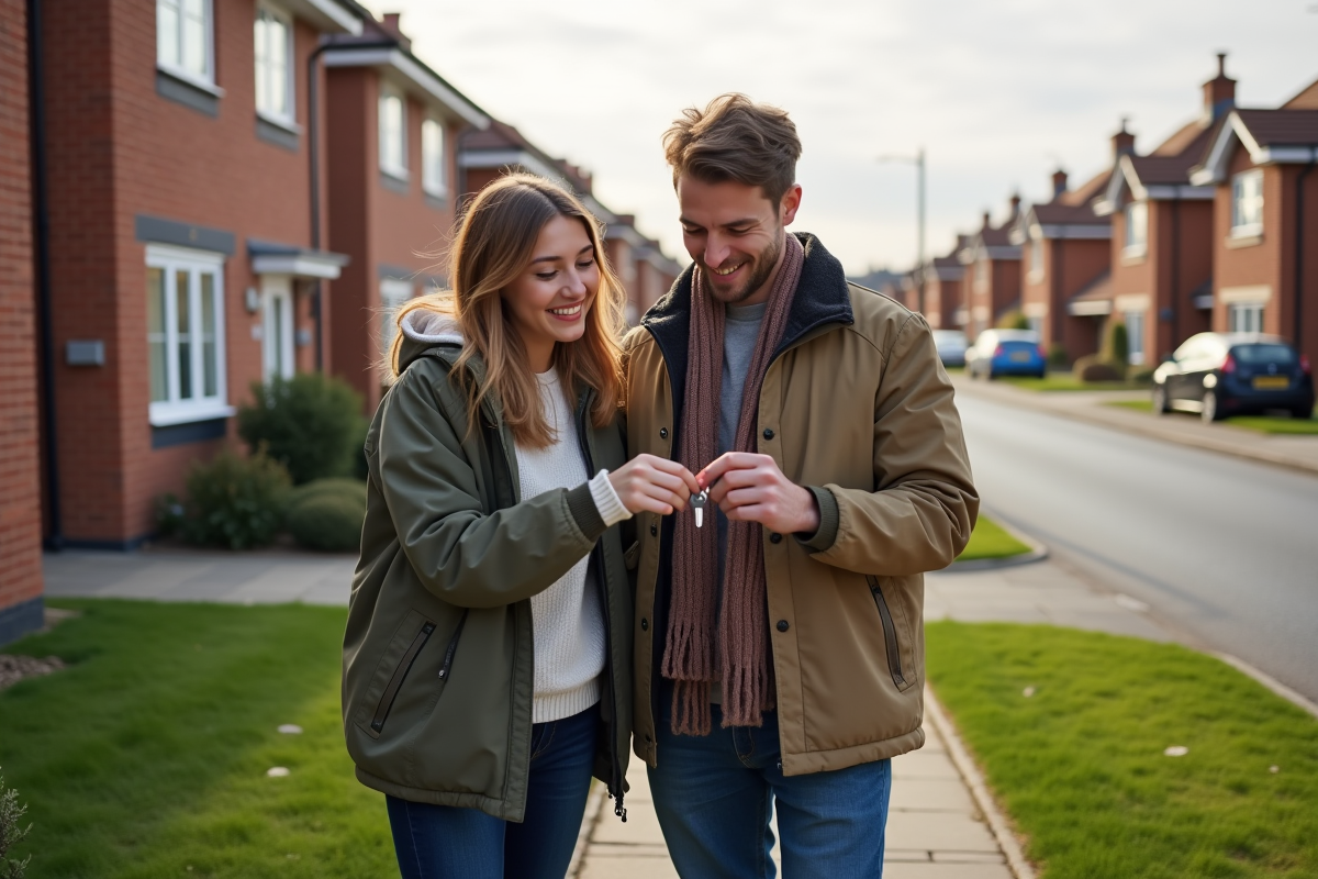Jeune couple dehors devant une maison avec des clés