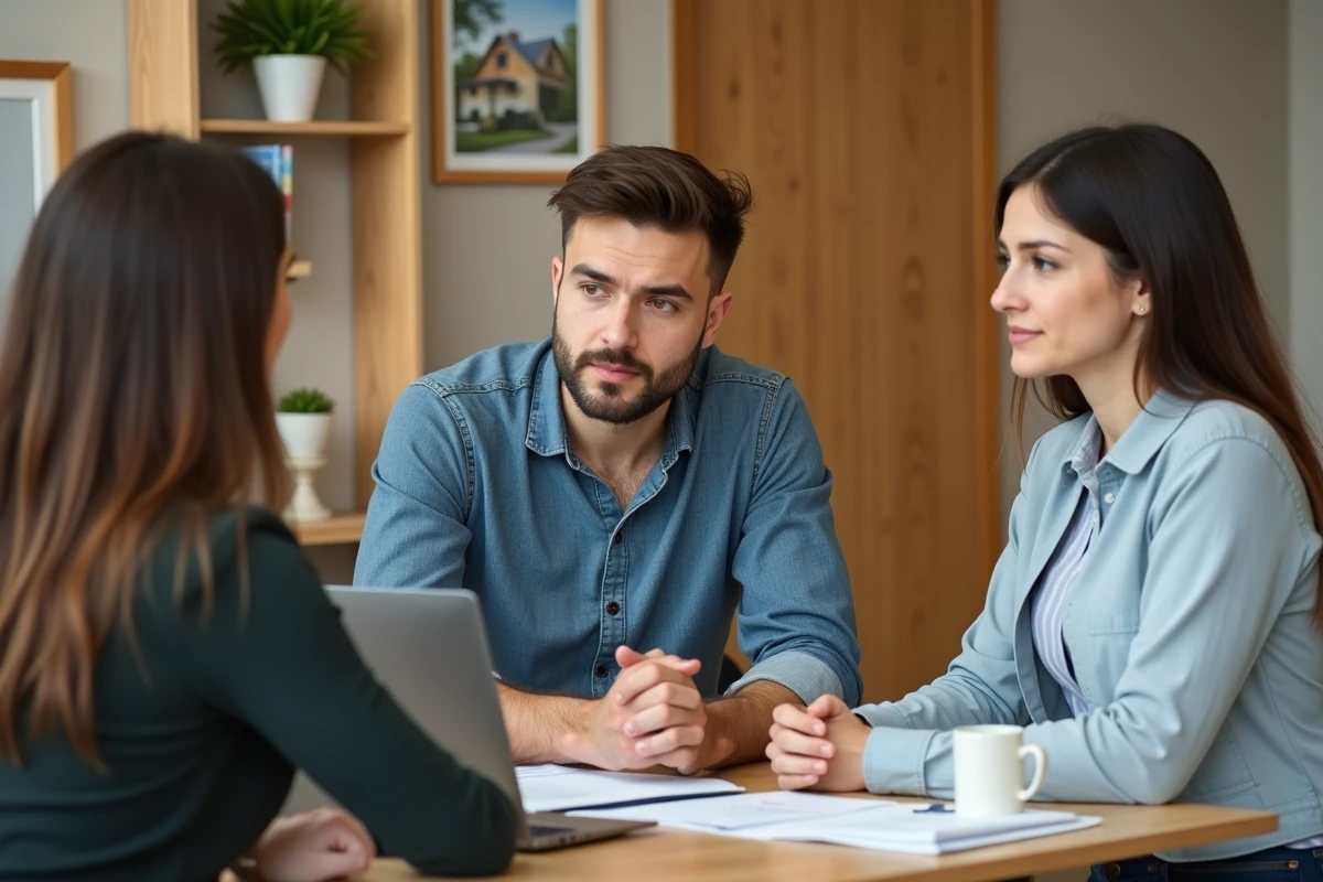 Couple rencontrant un conseiller financier dans une agence spécialisée pour discuter d'un projet immobilier et des solutions de financement proposées