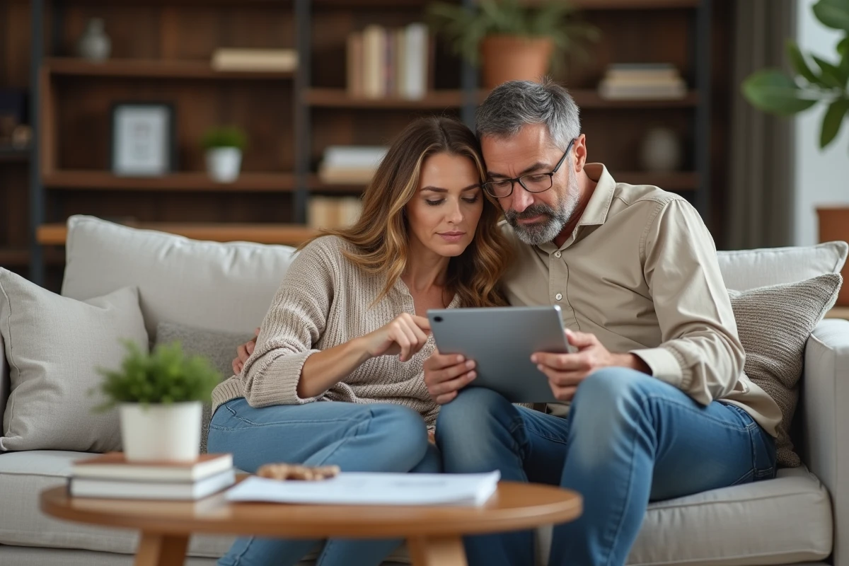Couple consultant l'historique des paiements de loyer sur une tablette dans leur salon