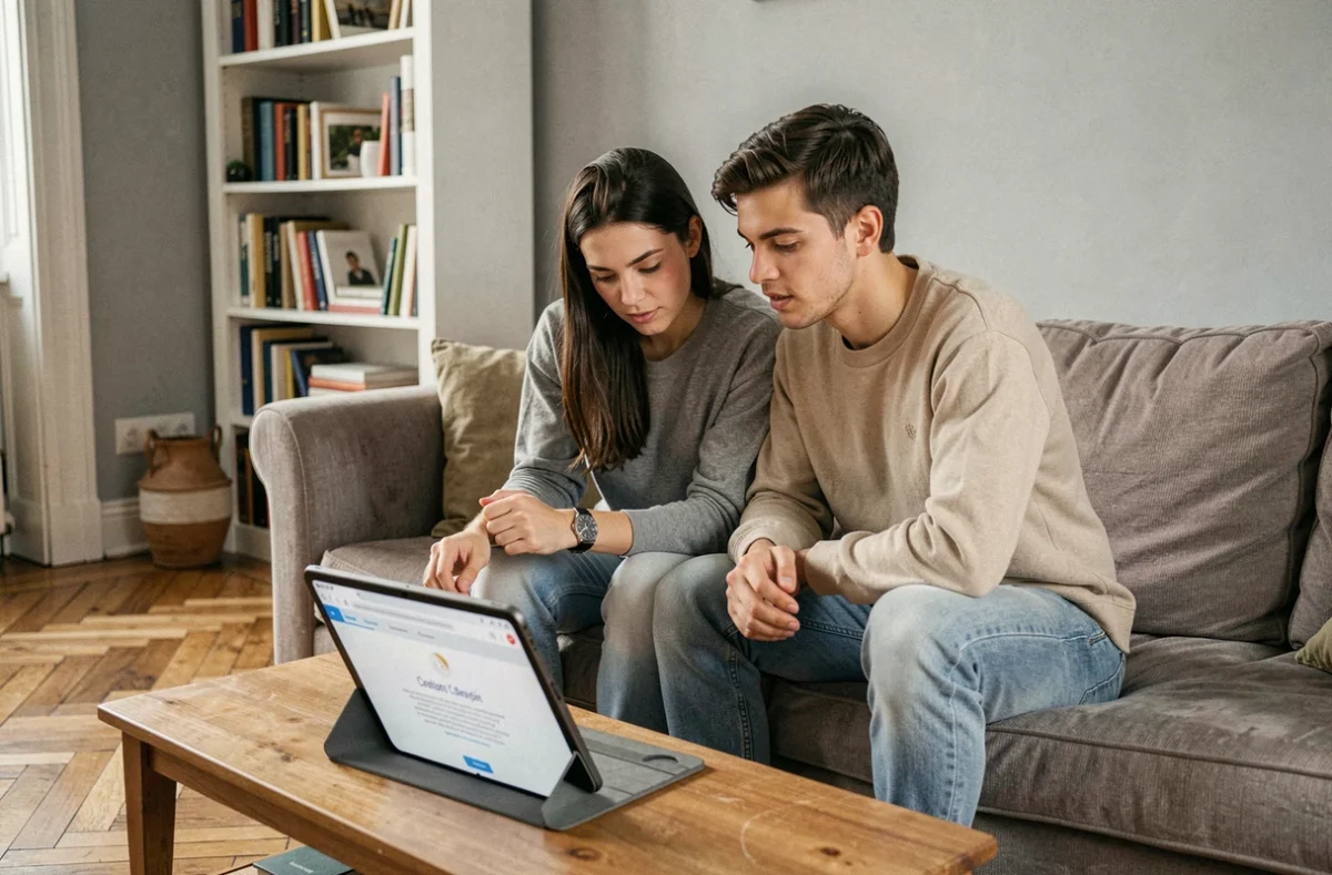 Jeune couple consultant un notaire en ligne via tablette depuis leur appartement parisien