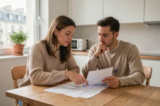 Couple examinant des documents de crédit immobilier à la table de leur cuisine parisienne