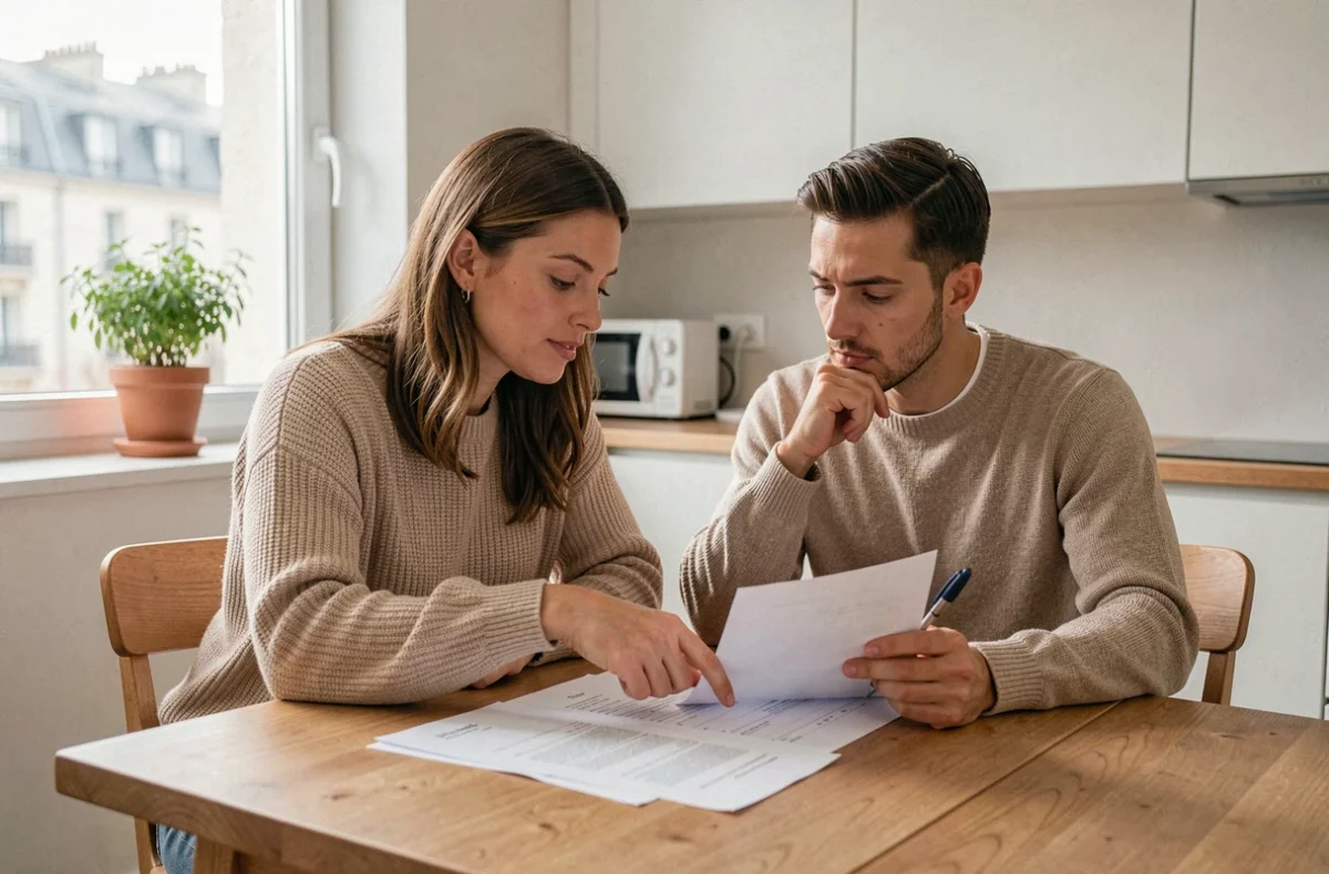 Couple examinant des documents de crédit immobilier à la table de leur cuisine parisienne