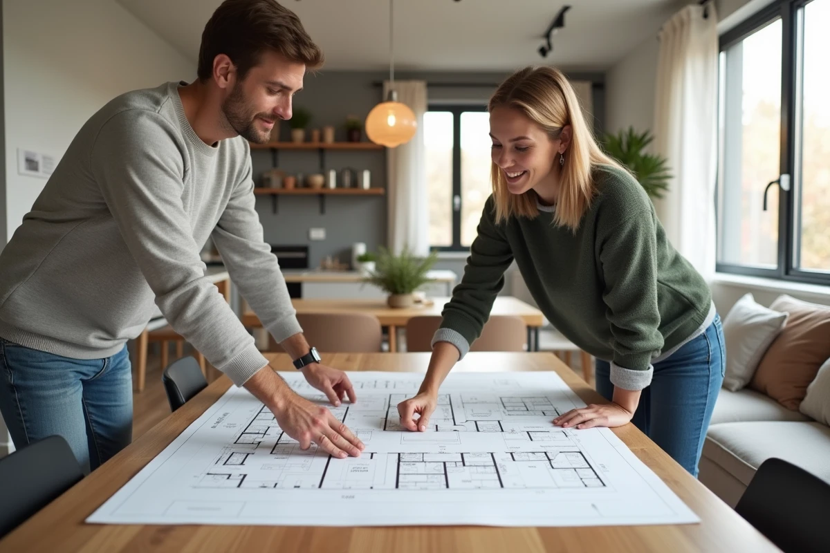 Jeune couple discutant dans un appartement moderne lumineux