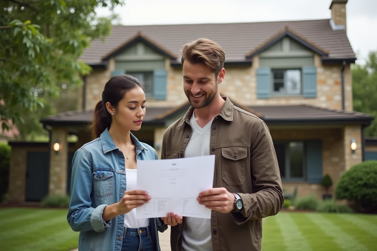 Couple évaluant le prix d'une maison individuelle lors d'une visite immobilière