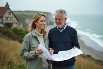 Couple étudiant des plans architecturaux au bord des falaises normandes avant d'acheter une maison en bord de mer