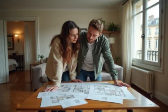 Couple étudiant des plans d'appartement T2 dans un salon ouvert sur une chambre, immobilier parisien