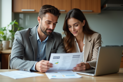 Couple en cuisine moderne examinant des documents de prêt immobilier