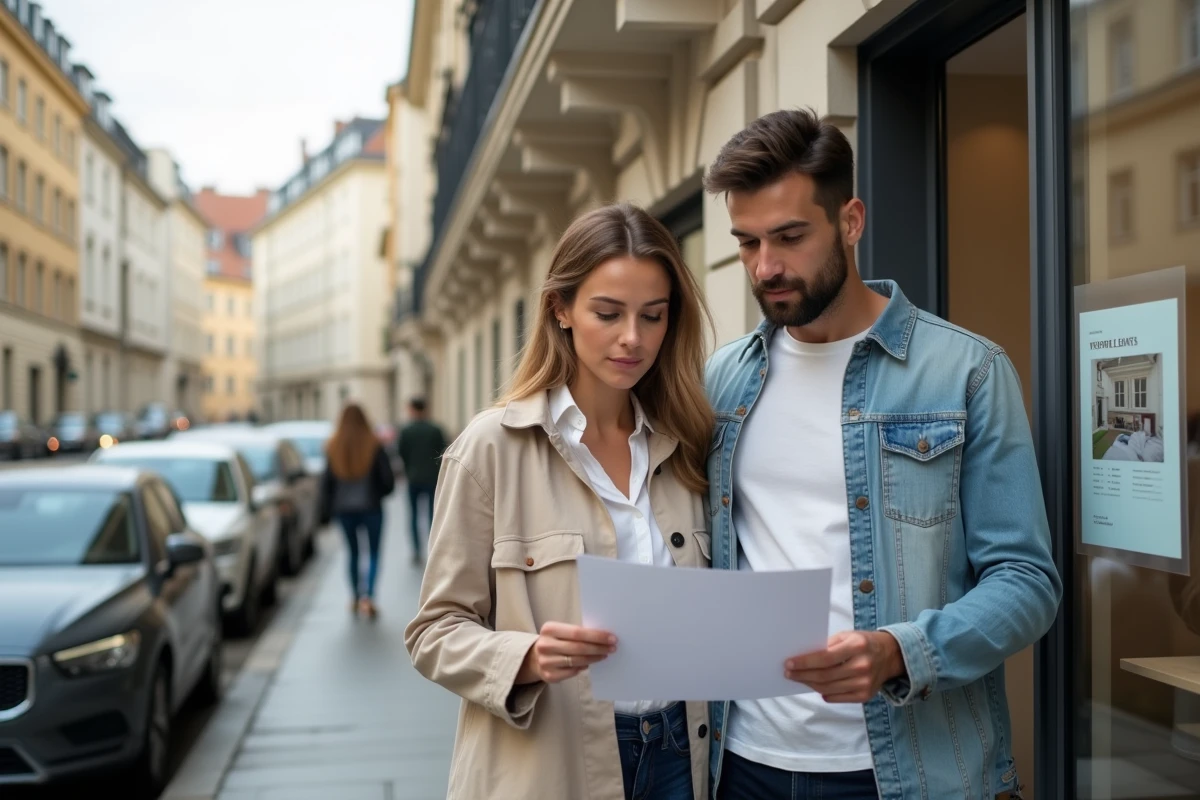 Couple consultant des documents immobiliers devant un immeuble moderne en ville pour décider d'acheter ou de louer en 2026