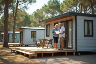 Couple de propriétaires devant leur mobil-home sur un terrain de camping en France, illustrant l'investissement LMNP mobil-home