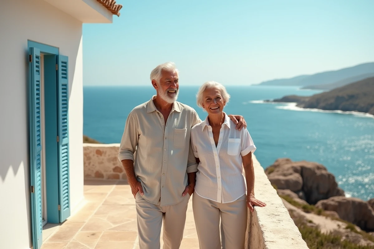 Couple de retraités sur la terrasse de leur maison en bord de mer avec vue sur l'océan