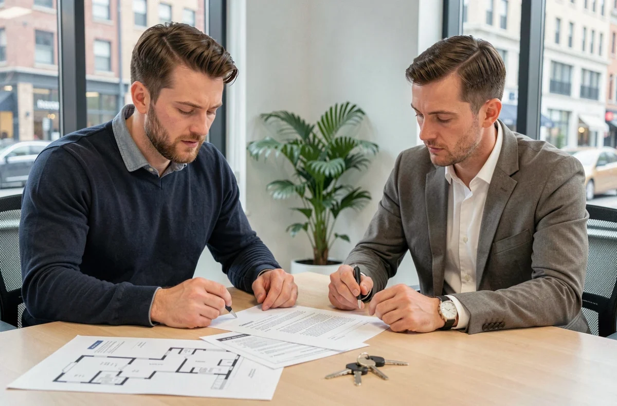 Couple lisant attentivement un compromis de vente immobilier à une table de réunion dans une agence moderne