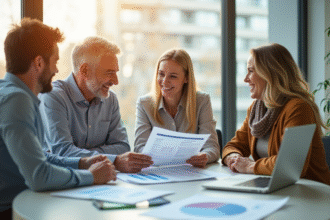 Couple souriant dans un bureau moderne avec conseiller financier
