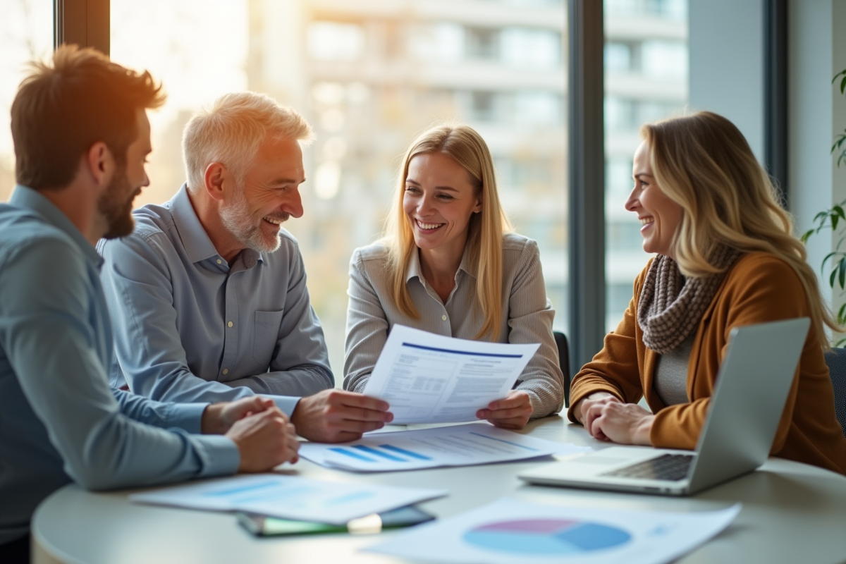 Couple souriant dans un bureau moderne avec conseiller financier