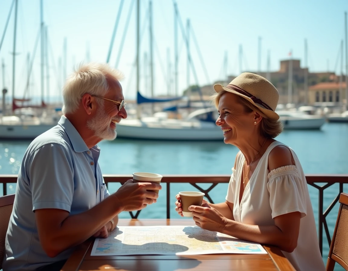 Couple attablé en terrasse face au Vieux-Port de Marseille avec vue sur les bateaux et le Fort Saint-Jean