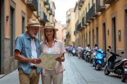 Couple de touristes méditerranéens avec carte dans une rue