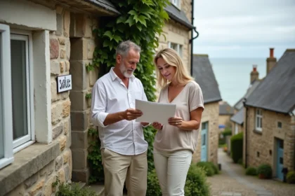 Couple examinant des documents immobiliers devant une maison en pierre normande en bord de mer