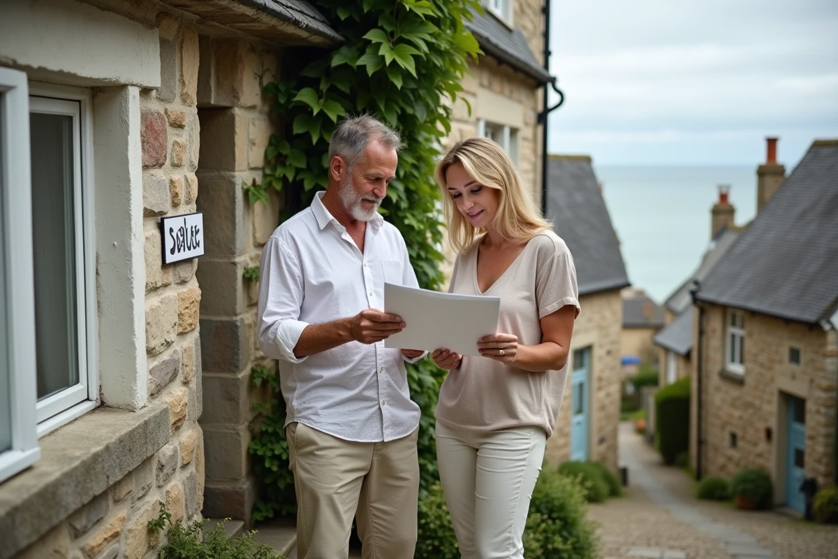 Couple examinant des documents immobiliers devant une maison en pierre normande en bord de mer