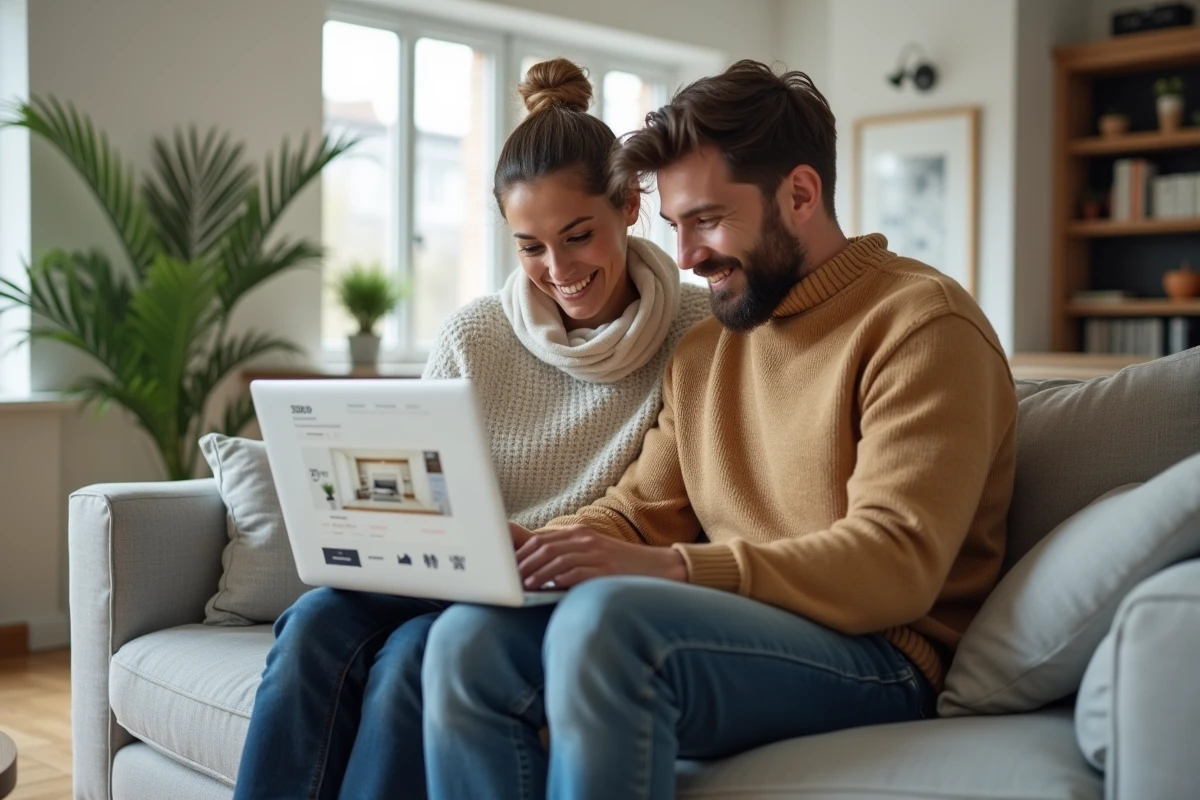 Couple explorant une visite virtuelle immobilière 360 sur ordinateur portable depuis leur salon