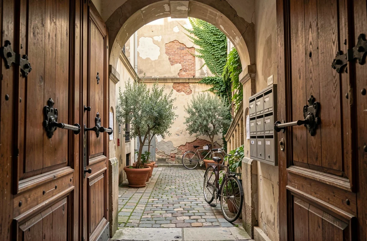 Cour intérieure authentique d'un immeuble parisien du 20e arrondissement vue depuis le porche d'entrée rue Sorbier