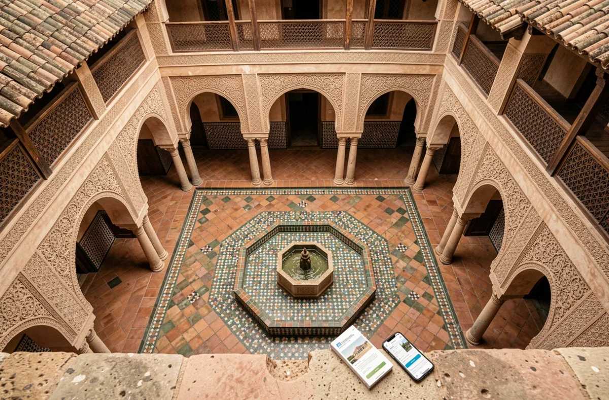 Vue plongeante sur la cour intérieure d'un riad à vendre à Marrakech avec zellige et documents immobiliers