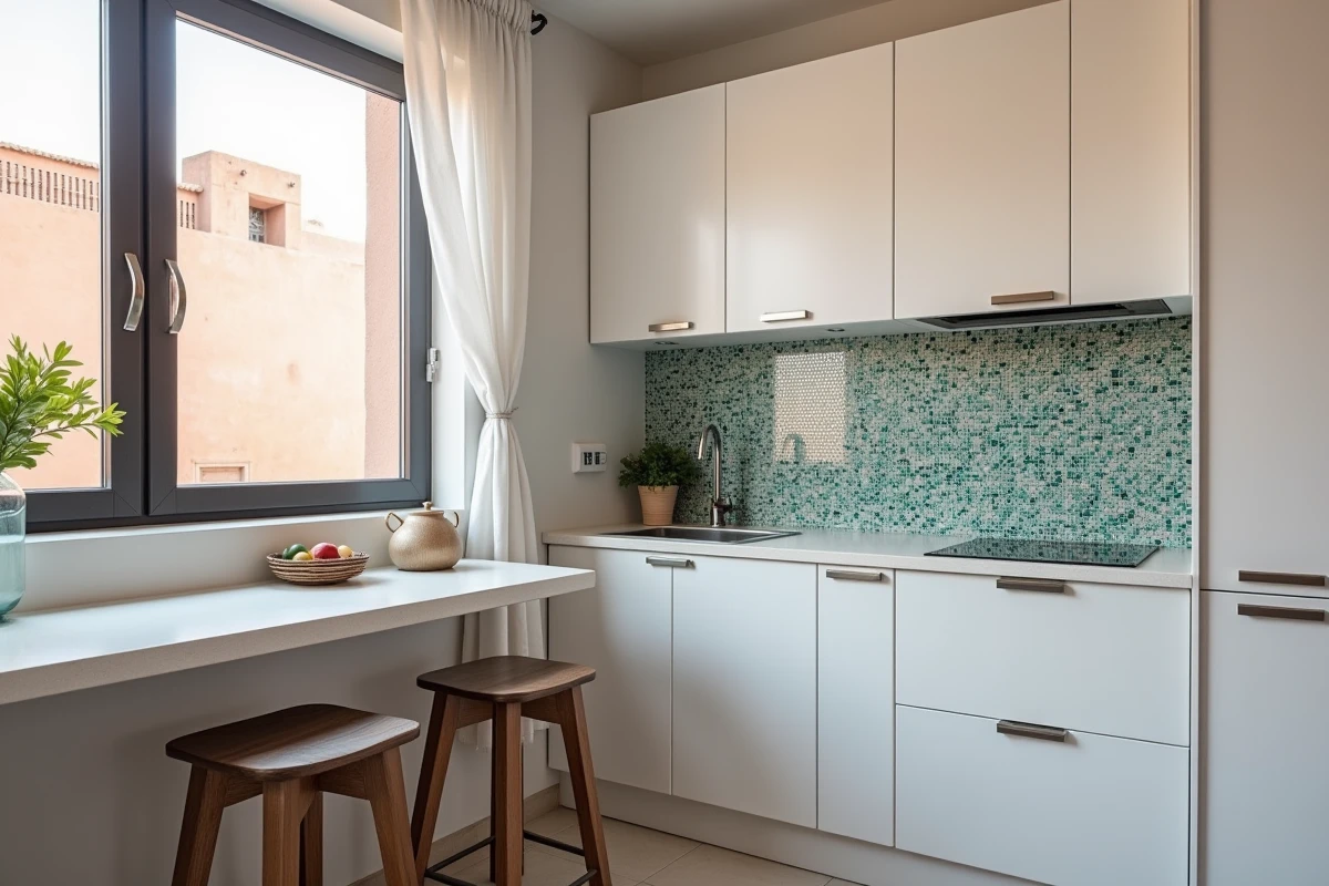 Cuisine équipée d'un appartement pas cher à Guéliz Marrakech avec carrelage zellige et finitions modernes