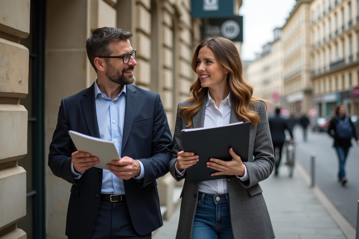 Homme et femme discutant finances devant une banque urbaine