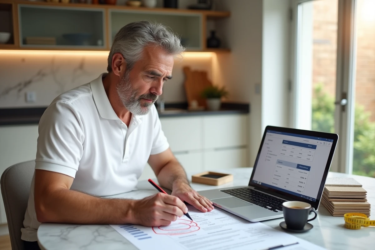 Propriétaire consultant un devis de rénovation et une calculatrice en ligne pour estimer l'achat de matériaux au mètre carré