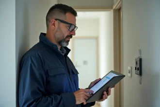 Diagnostiqueur immobilier utilisant un logiciel sur tablette lors d'une inspection d'appartement