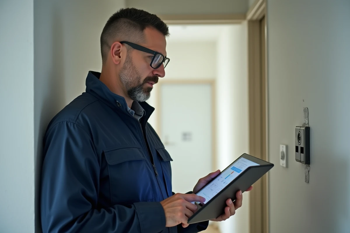 Diagnostiqueur immobilier utilisant un logiciel sur tablette lors d'une inspection d'appartement