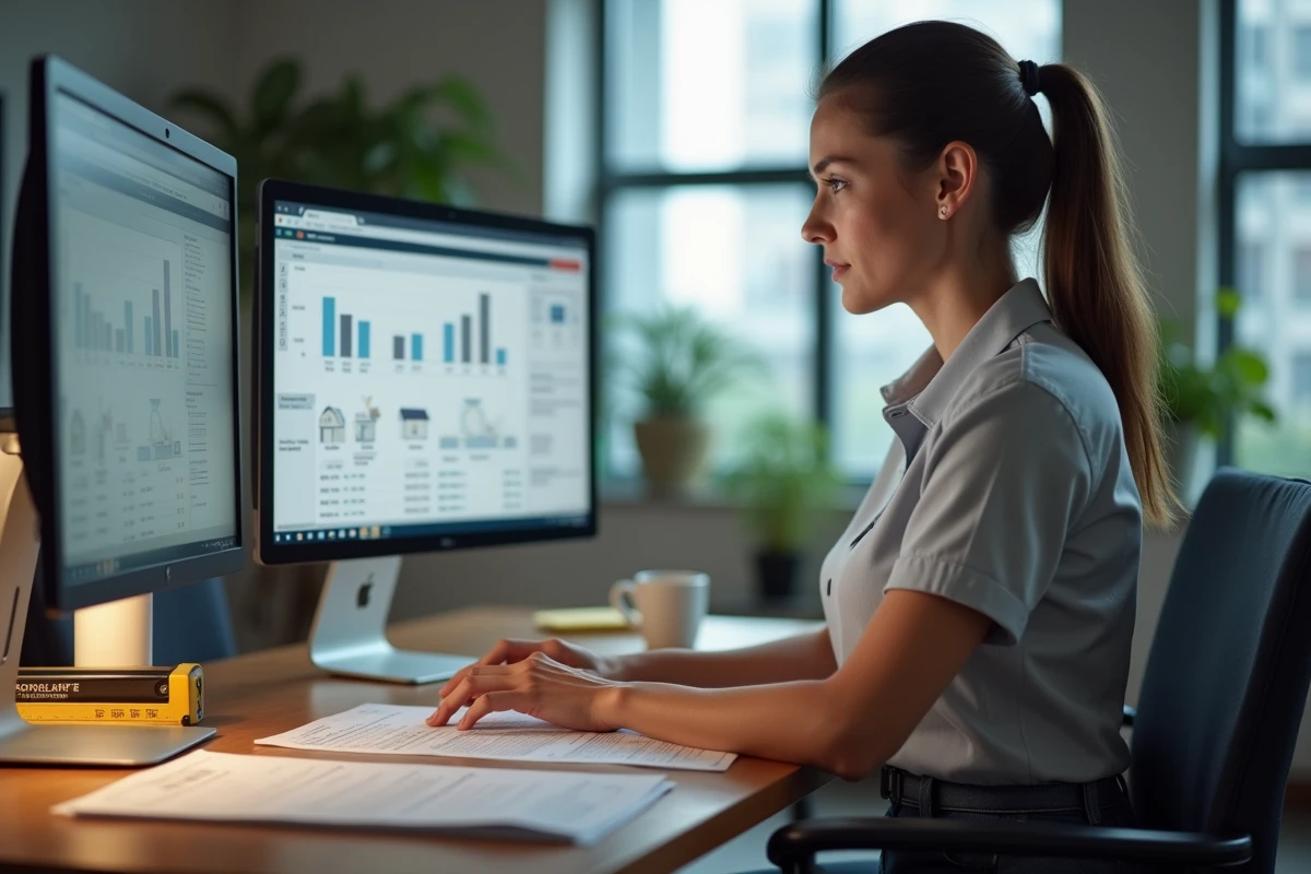 Diagnostiqueur immobilière en bureau analysant un rapport DPE sur logiciel de diagnostic
