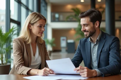 Femme et jeune homme discutant de papiers dans un hall moderne