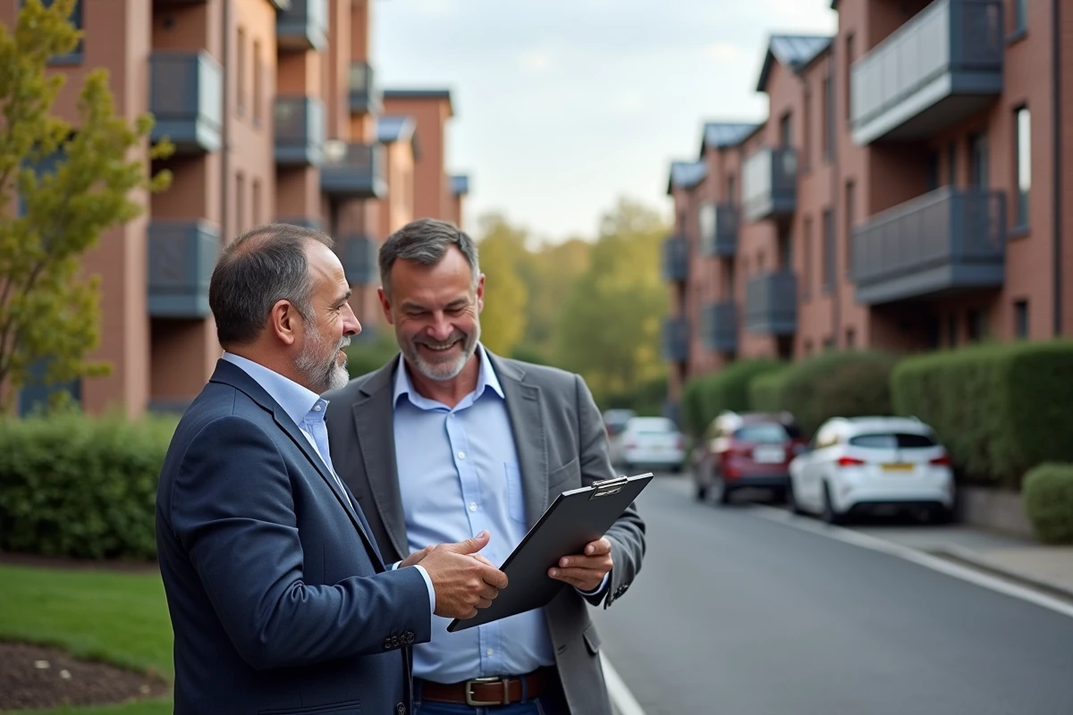 Deux hommes discutent devant un immeuble résidentiel