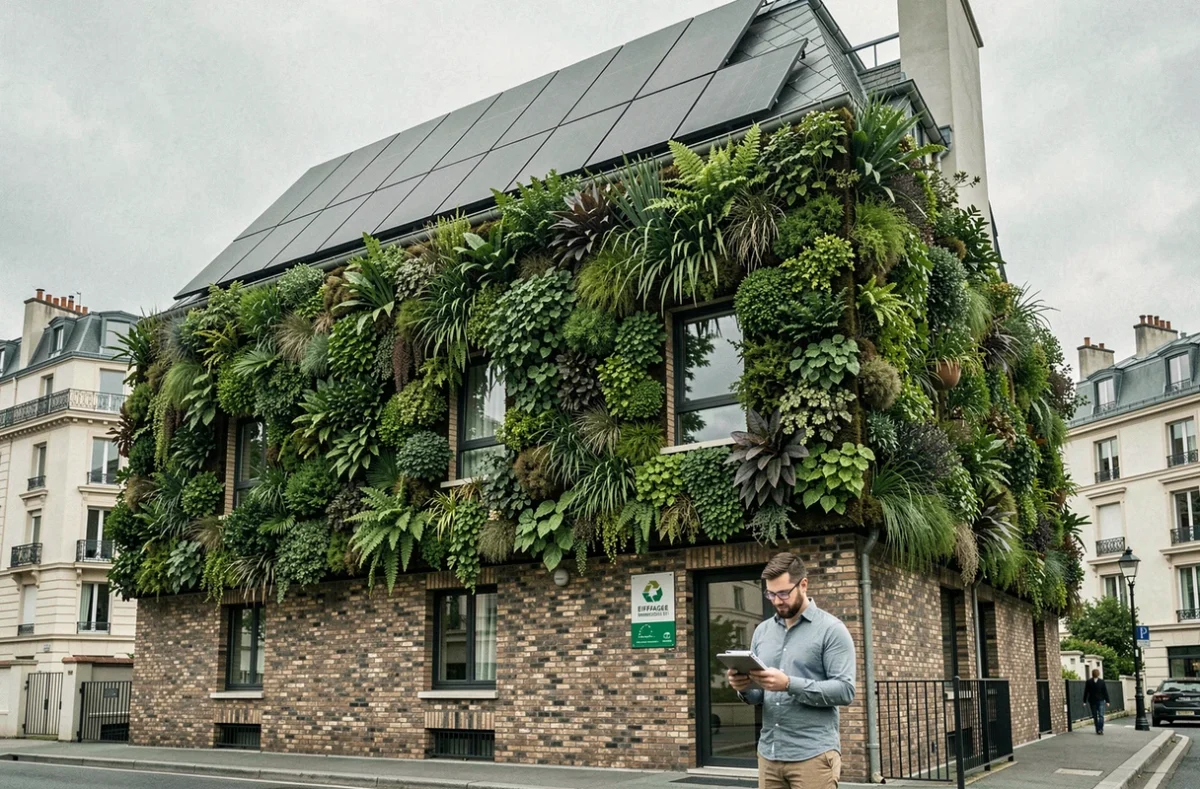 Immeuble durable d'Eiffage Immobilier avec mur végétalisé et panneaux photovoltaïques à Paris