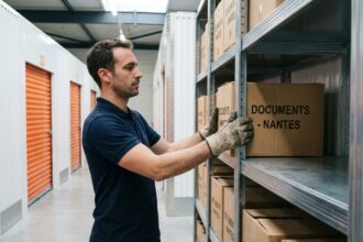Employé de garde-meuble rangeant des cartons étiquetés sur des étagères métalliques dans un entrepôt de stockage moderne à Nantes