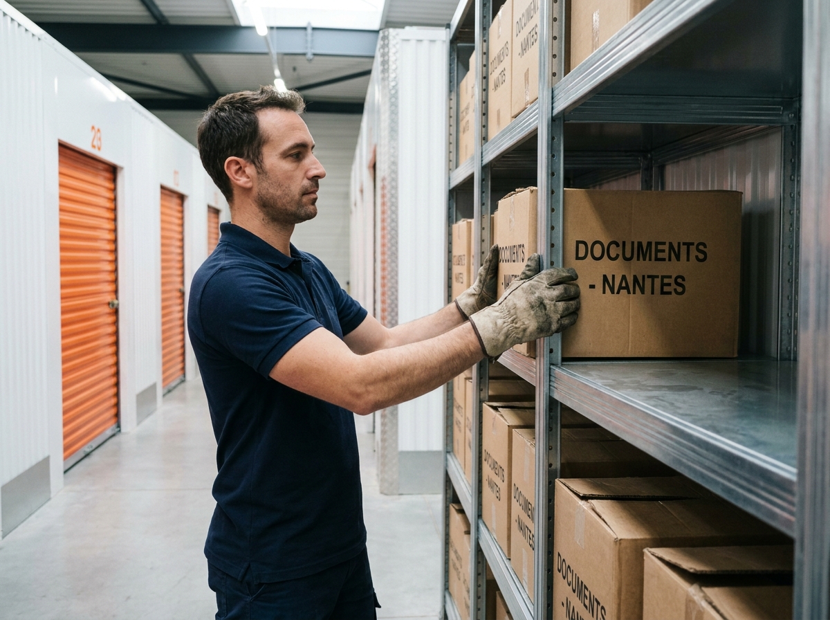 Employé de garde-meuble rangeant des cartons étiquetés sur des étagères métalliques dans un entrepôt de stockage moderne à Nantes