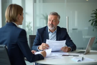 Un homme de 55 ans consulte un conseiller bancaire pour un emprunt immobilier de 200 000 euros après 50 ans