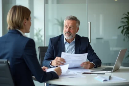 Un homme de 55 ans consulte un conseiller bancaire pour un emprunt immobilier de 200 000 euros après 50 ans